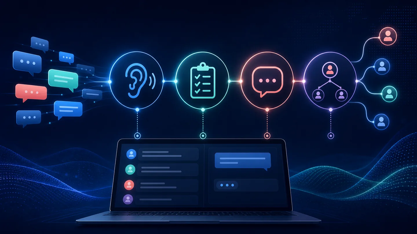 Abstract live-chat workflow moving from an incoming question through verification, response and escalation