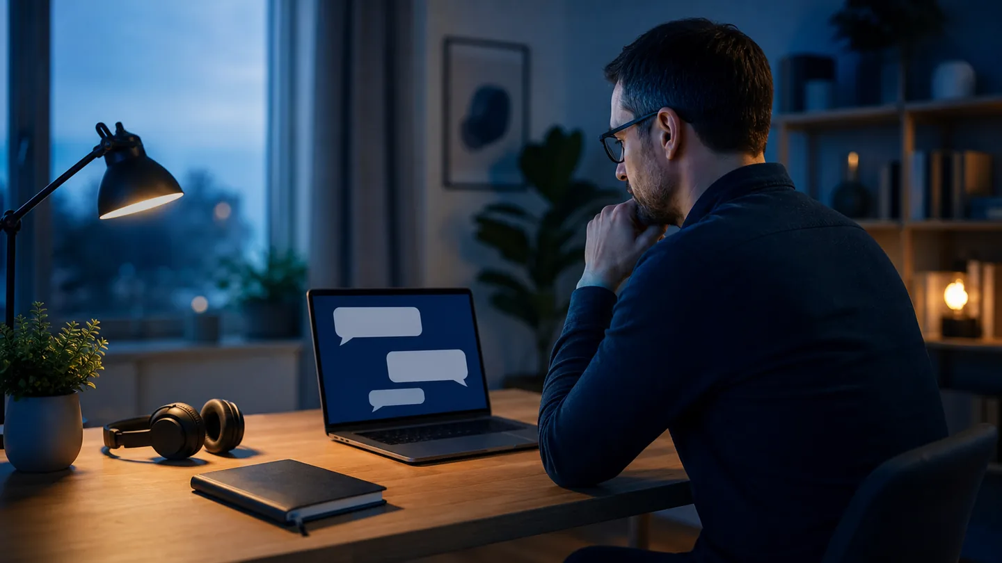 Remote-work learner finishing an online practice session and making an informed choice