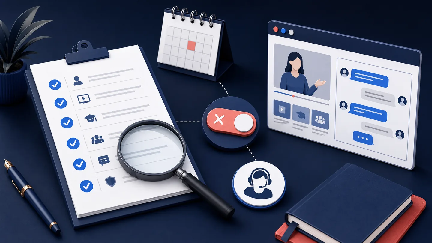 Editorial membership checklist with calendar, support and cancellation symbols