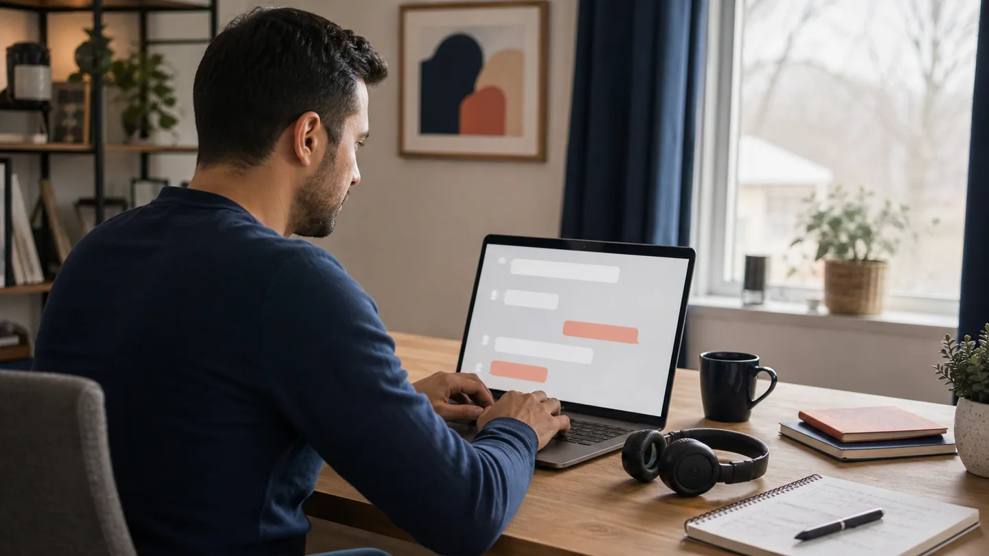 Adult learner practicing customer-chat responses at a realistic home workspace