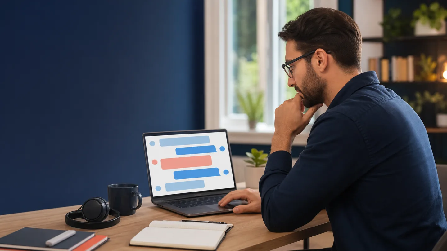Remote-work learner reviewing an abstract live-chat workspace with a notebook and headset